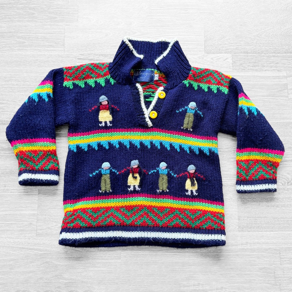 Childrens Peruvian‎ Colorful Knit Sz 2 Sweater 3D Crochet People Rainbow Stripes